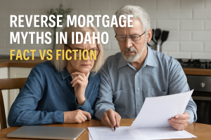 Older Idaho couple reviewing reverse mortgage options at their kitchen table