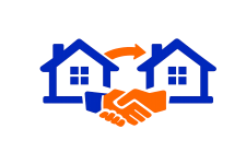 VA assumable loans in Idaho icon with two homes, transfer arrows, and handshake